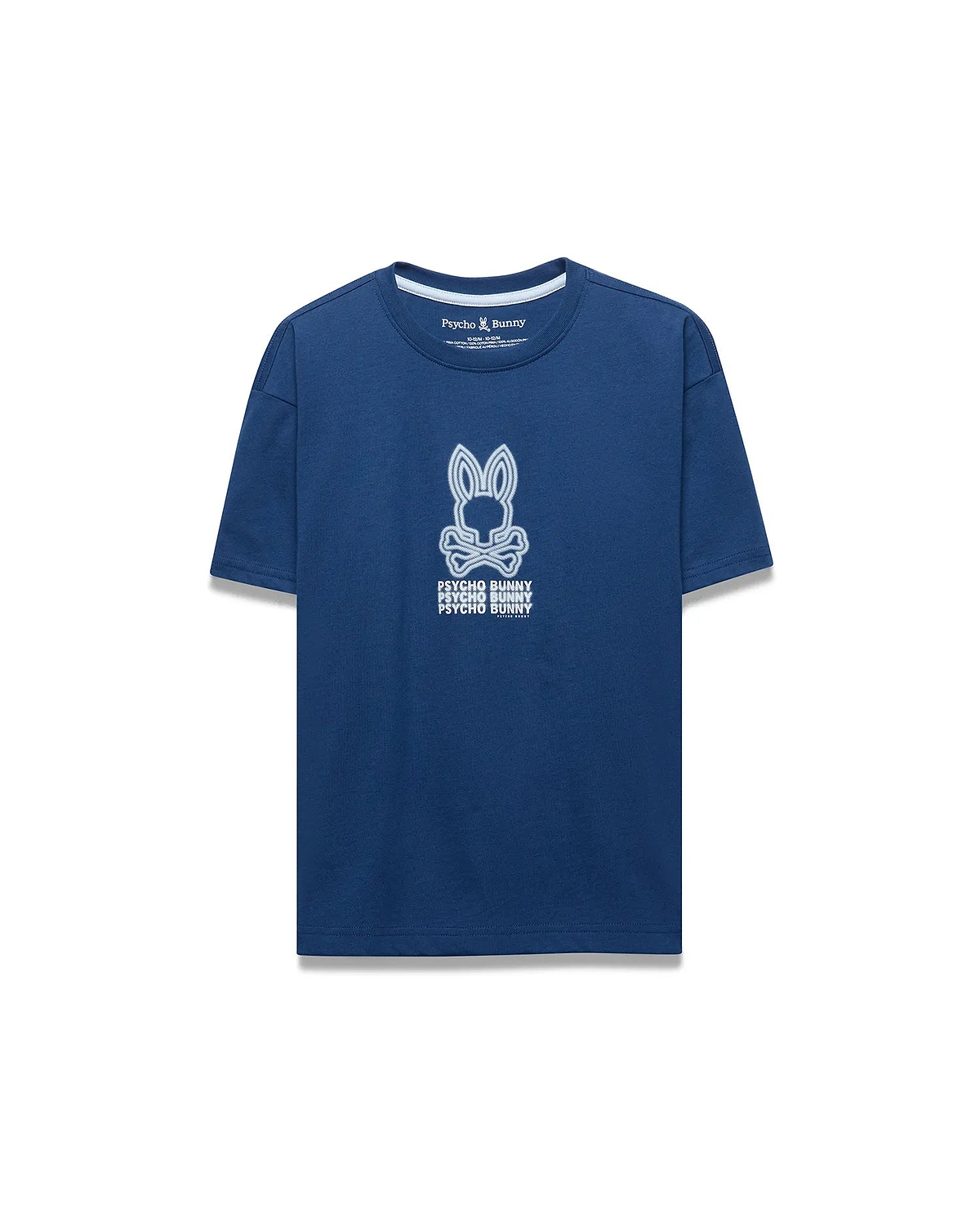 Premium Kids Alex Relaxed Back Graphic Tee in deep navy blue jersey, showcasing a large white Psycho Bunny skull logo and stacked text graphic on the back.