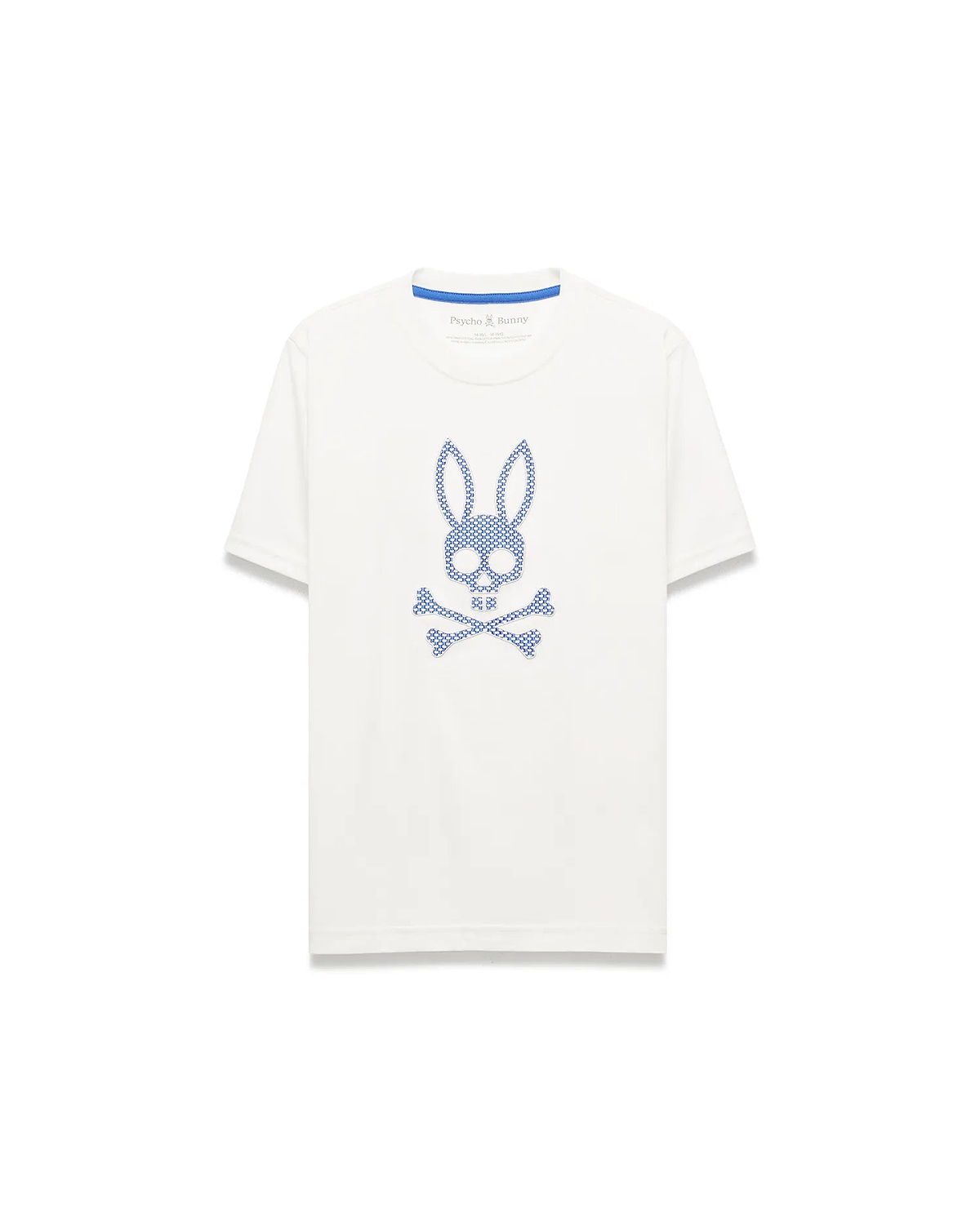 Kids Stan Graphic Tee, a white classic fit jersey t-shirt featuring a large blue Psycho Bunny skull and crossbones graphic on the chest with a patterned fill and blue interior neck tape.