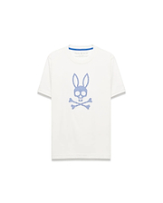 Kids Stan Graphic Tee, a white classic fit jersey t-shirt featuring a large blue Psycho Bunny skull and crossbones graphic on the chest with a patterned fill and blue interior neck tape.