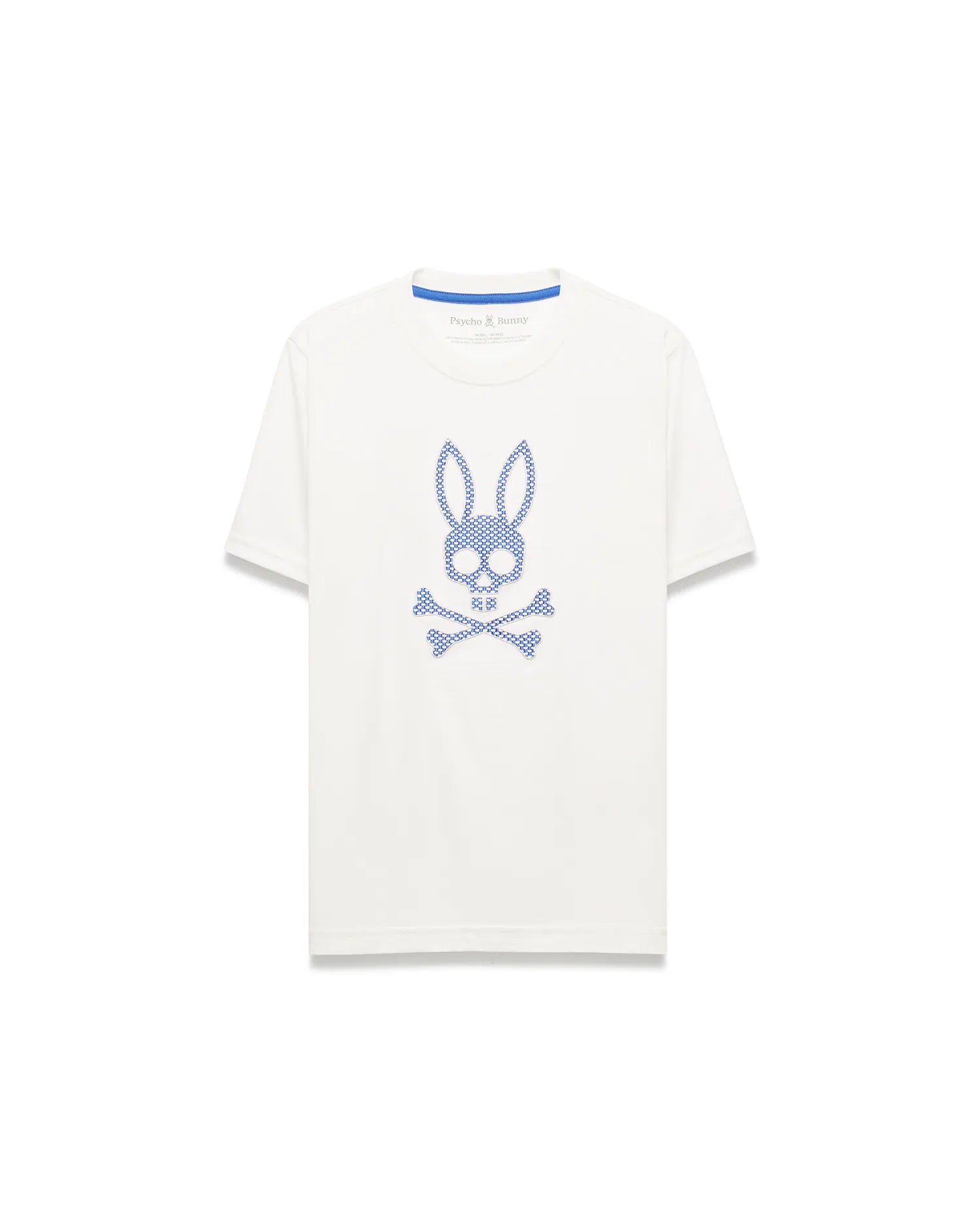 Kids Stan Graphic Tee, a white classic fit jersey t-shirt featuring a large blue Psycho Bunny skull and crossbones graphic on the chest with a patterned fill and blue interior neck tape.