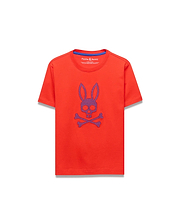 Kids Stan Graphic Tee in vibrant orange, featuring a large, textured purple and blue embroidered Psycho Bunny skull logo on the center chest, with a classic fit and smooth jersey knit fabric.