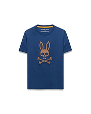Kids Stan Graphic Tee. Navy blue classic fit jersey t-shirt with an orange neck trim and a large, central, textured orange/gold Psycho Bunny skull logo featuring a grid pattern.