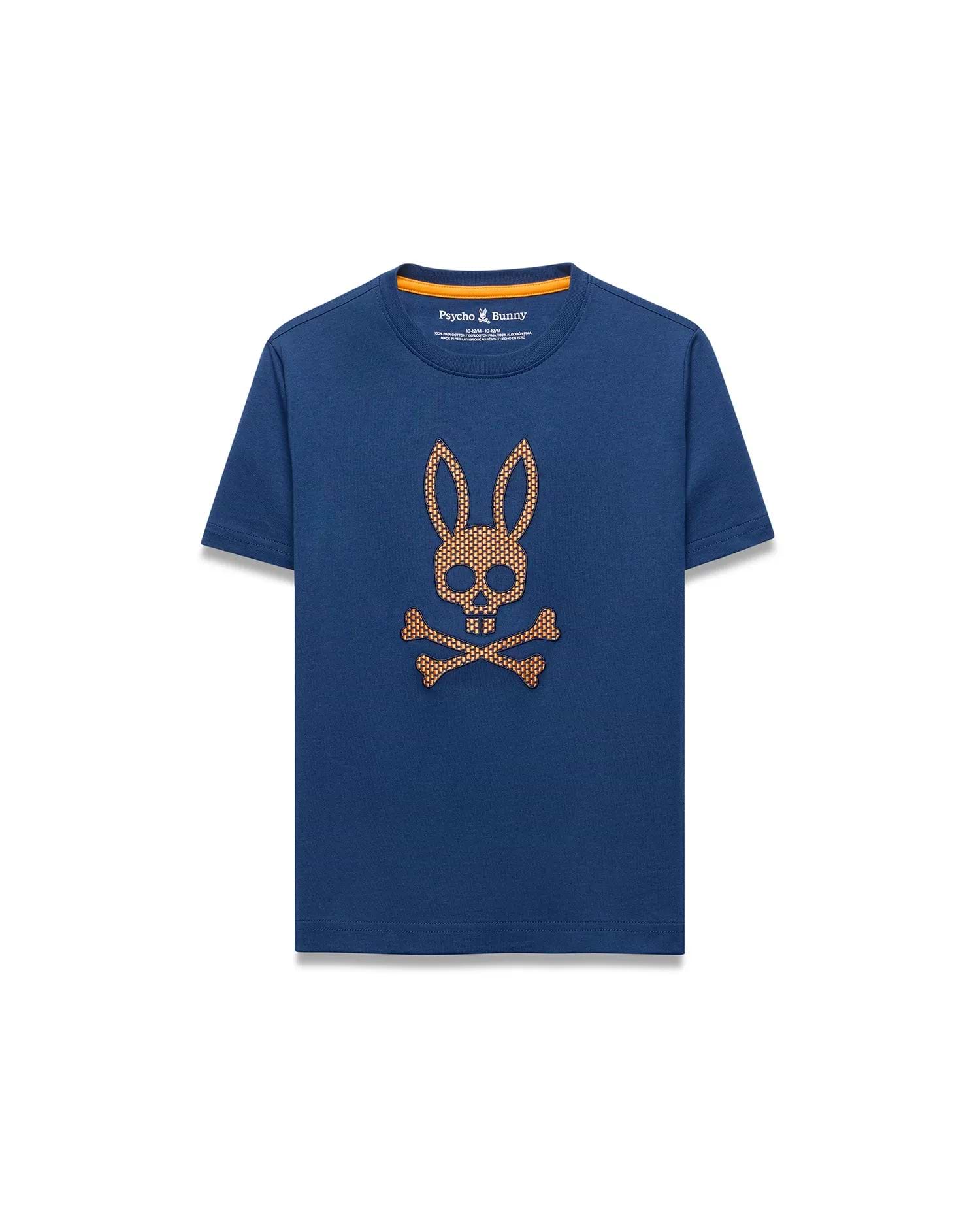 Kids Stan Graphic Tee. Navy blue classic fit jersey t-shirt with an orange neck trim and a large, central, textured orange/gold Psycho Bunny skull logo featuring a grid pattern.