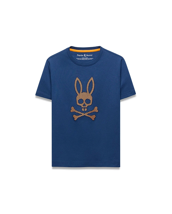 Kids Stan Graphic Tee. Navy blue classic fit jersey t-shirt with an orange neck trim and a large, central, textured orange/gold Psycho Bunny skull logo featuring a grid pattern.