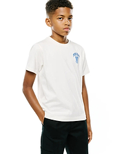 Kids Nathaniel Back Graphic Tee, a classic fit white jersey t-shirt with a small blue Psycho Bunny text and striped skull logo on the left chest, featuring a larger back graphic.
