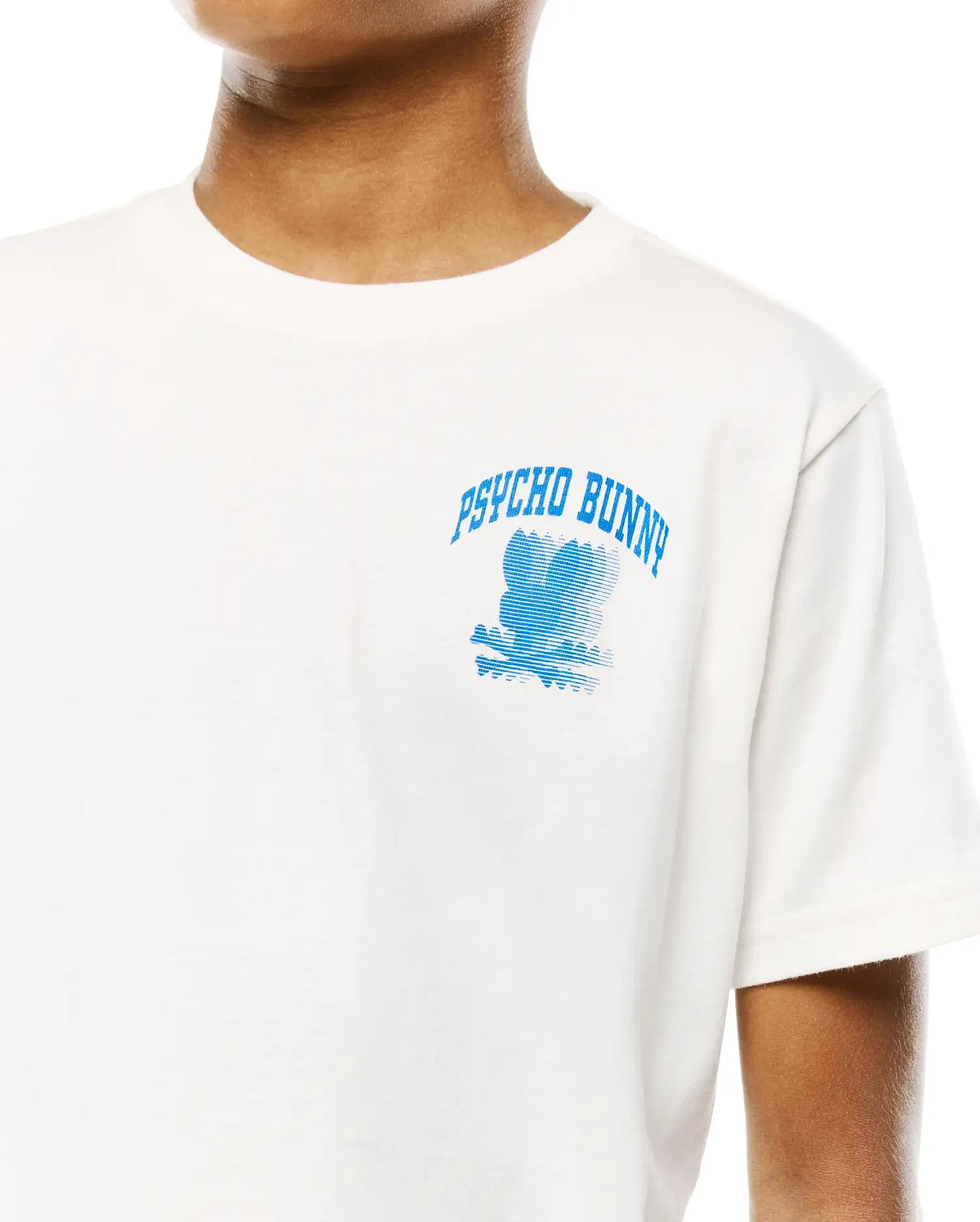 Kids Nathaniel Back Graphic Tee, cream classic fit jersey t-shirt featuring a blue arched PSYCHO BUNNY text and stylized bunny skull graphic on the chest.