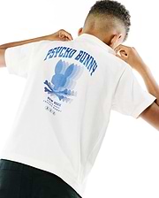 White Kids Nathaniel Back Graphic Tee in soft jersey, featuring a large blue Psycho Bunny text and stylized bunny skull logo print on the back, with New York Since 2005 text and small bunny logos.