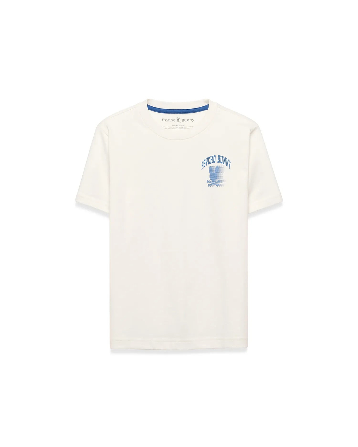 Cream Kids Nathaniel Back Graphic Tee, classic fit jersey with a blue Psycho Bunny text and bunny skull graphic on the left chest, featuring blue neck tape.