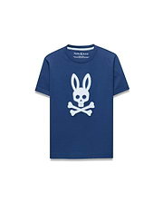 Kids Emmanuel Graphic Tee in deep navy blue jersey, featuring a classic fit and a prominent white distressed Psycho Bunny skull and crossbones graphic on the chest.