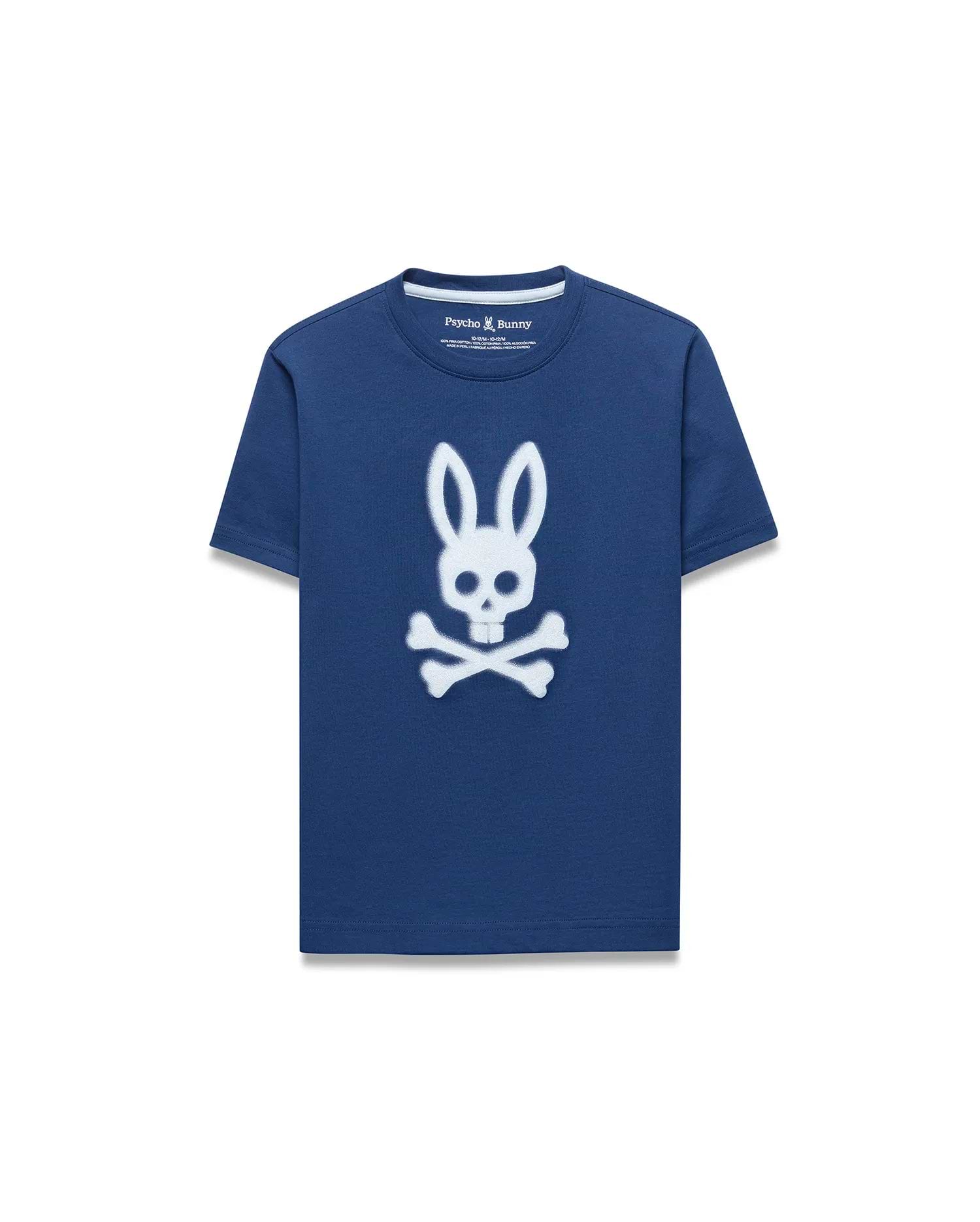 Kids Emmanuel Graphic Tee in deep navy blue jersey, featuring a classic fit and a prominent white distressed Psycho Bunny skull and crossbones graphic on the chest.