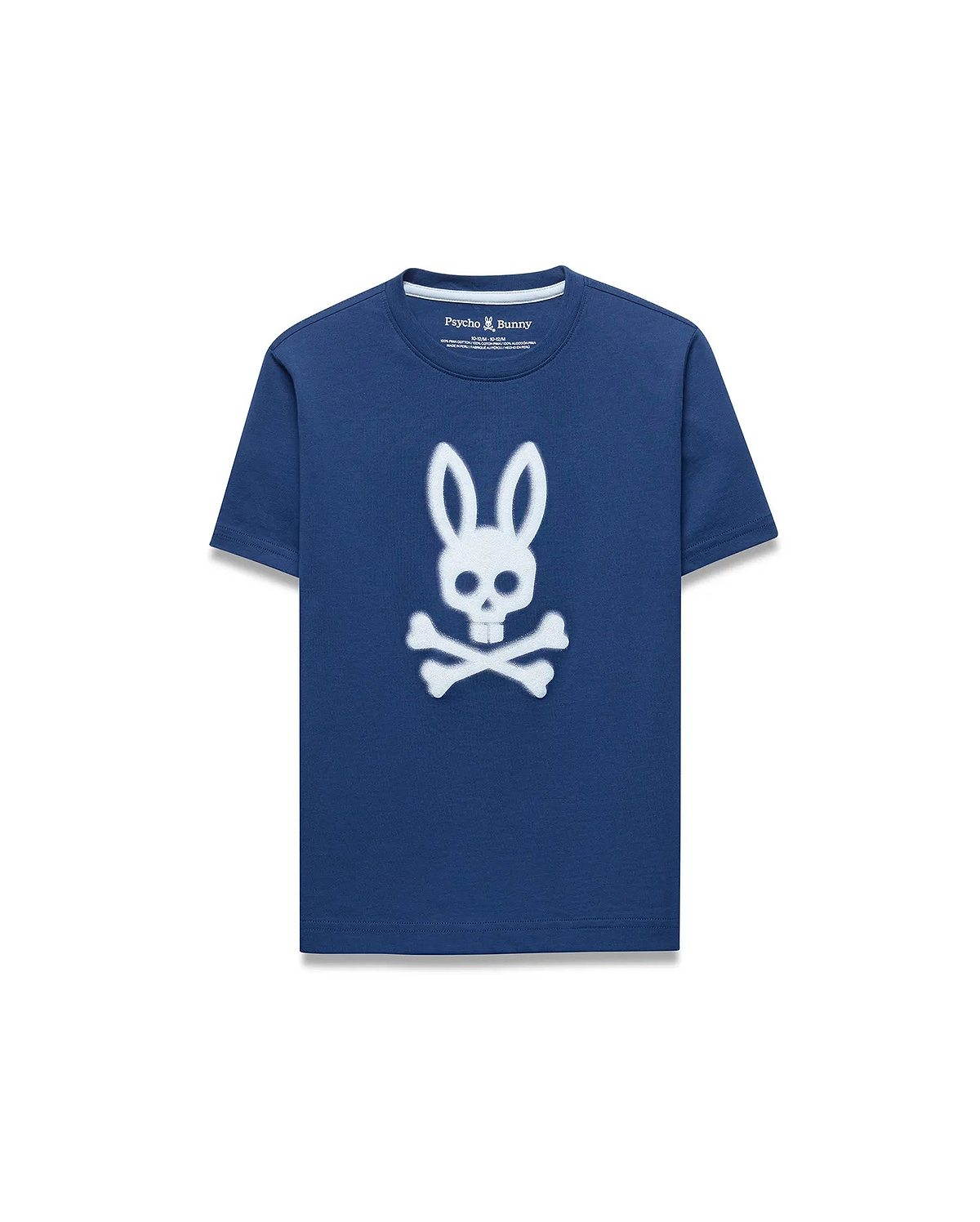 Kids Emmanuel Graphic Tee in deep navy blue jersey, featuring a classic fit and a prominent white distressed Psycho Bunny skull and crossbones graphic on the chest.