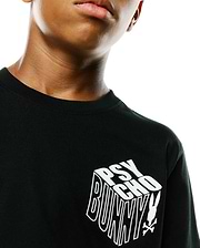 Kids Conan Back Graphic Tee in black jersey knit, featuring a large white 3D Psycho Bunny text logo with the iconic bunny skull on the chest, classic fit.