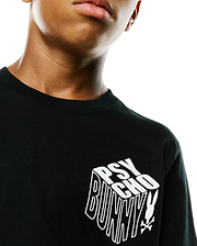 Kids Conan Back Graphic Tee in black jersey knit, featuring a large white 3D Psycho Bunny text logo with the iconic bunny skull on the chest, classic fit.