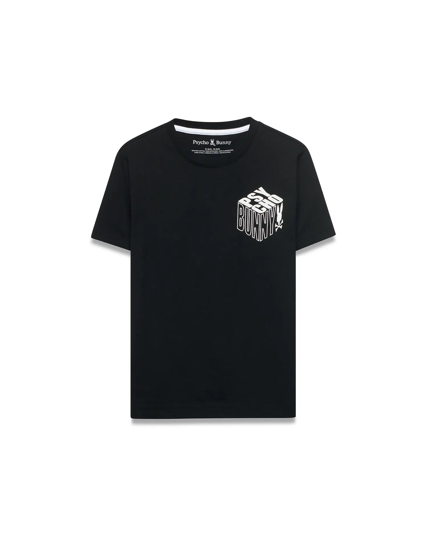 Kids Conan Back Graphic Tee in black, a classic fit jersey t-shirt featuring a white 3D-effect PSYCHO BUNNY text graphic and skull logo on the left chest.