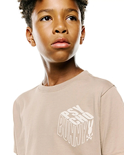 Kids Conan Back Graphic Tee in beige, featuring a classic fit and a large white 3D-effect PSYCHO BUNNY text graphic with the iconic bunny skull logo on the smooth jersey knit front.
