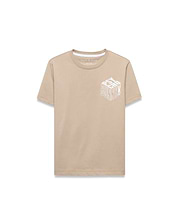 Beige Kids Conan Back Graphic Tee in classic fit jersey knit, featuring a large white 3D Psycho Bunny text graphic on the front and a small neck label bunny skull logo.