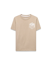 Beige Kids Conan Back Graphic Tee in classic fit jersey knit, featuring a large white 3D Psycho Bunny text graphic on the front and a small neck label bunny skull logo.