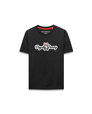 Black Kids Jaydon Wordmark Graphic Tee in classic fit jersey knit, featuring a large center chest Psycho Bunny wordmark graphic with integrated bunny skull logo, outlined in white and red, and a red inner neckline accent.