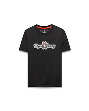 Black Kids Jaydon Wordmark Graphic Tee in classic fit jersey knit, featuring a large center chest Psycho Bunny wordmark graphic with integrated bunny skull logo, outlined in white and red, and a red inner neckline accent.