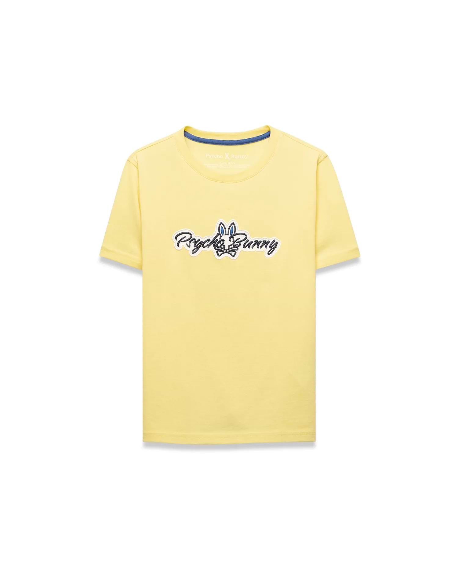 Kids Jaydon Wordmark Graphic Tee, a classic fit pale yellow jersey t-shirt featuring a large central chest graphic of the Psycho Bunny wordmark and skull logo in black, white, and blue.