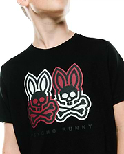 Kids Ledger Graphic Tee, a black classic fit jersey t-shirt featuring a large chest graphic of two Psycho Bunny skull logos, one red and one white, with crossbones and Psycho Bunny text.