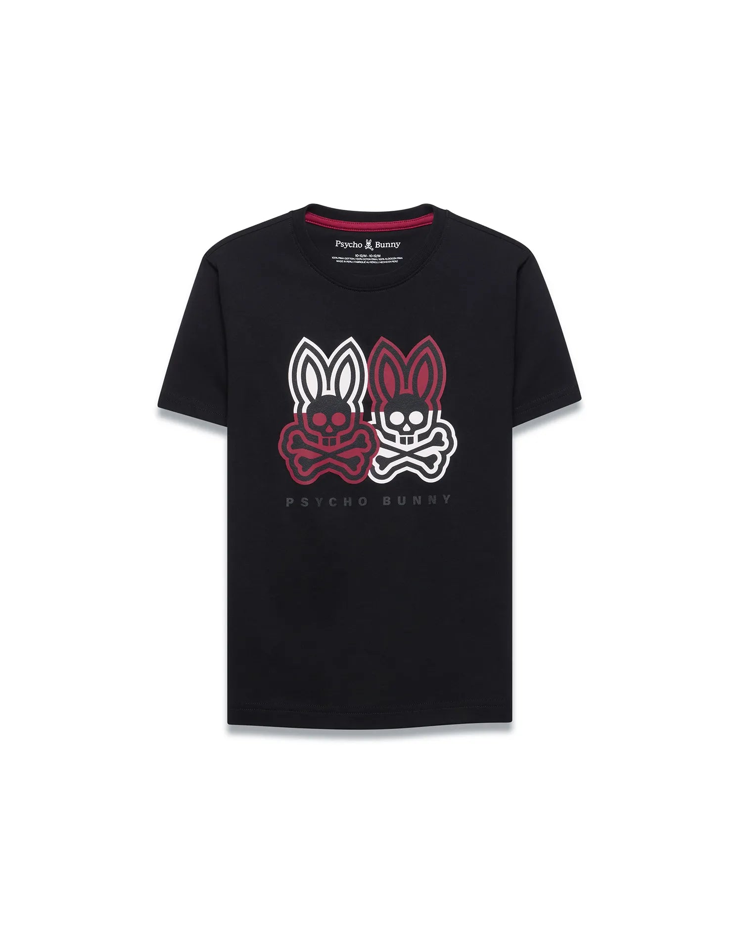Kids Ledger Graphic Tee. Black classic fit jersey t-shirt with a large central graphic featuring two outlined Psycho Bunny skull logos in white and burgundy, with Psycho Bunny text below.
