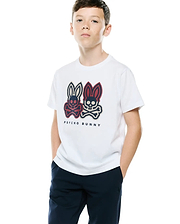 Kids Ledger Graphic Tee, white jersey t-shirt with a classic fit, featuring a large chest graphic of two Psycho Bunny skull logos in red, navy blue, and light grey, with Psycho Bunny text below.