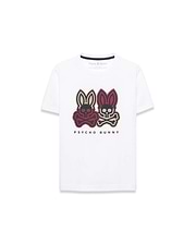 White Kids Ledger Graphic Tee with a classic fit, featuring a large chest graphic of two Psycho Bunny skull logos in red/tan and navy/tan, made from soft jersey knit.