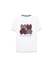 White Kids Ledger Graphic Tee with a classic fit, featuring a large chest graphic of two Psycho Bunny skull logos in red/tan and navy/tan, made from soft jersey knit.