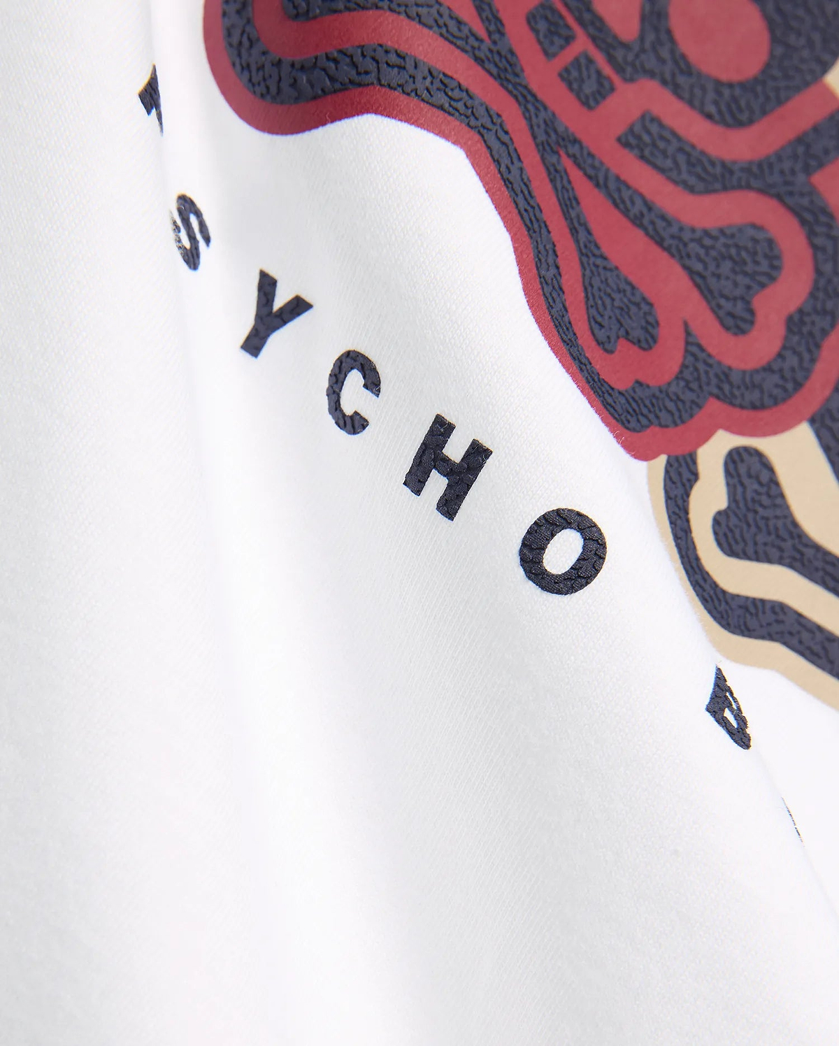 White Kids Ledger Graphic Tee in soft jersey, featuring a large textured dark grey, deep red, and beige Psycho Bunny graphic print with PSYCHO text.