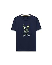 Kids Drew Embroidered Graphic Tee in navy, featuring a classic fit and soft jersey knit. A large, center chest embroidered Psycho Bunny skull logo displays vibrant green, yellow, light blue, and white stripes.