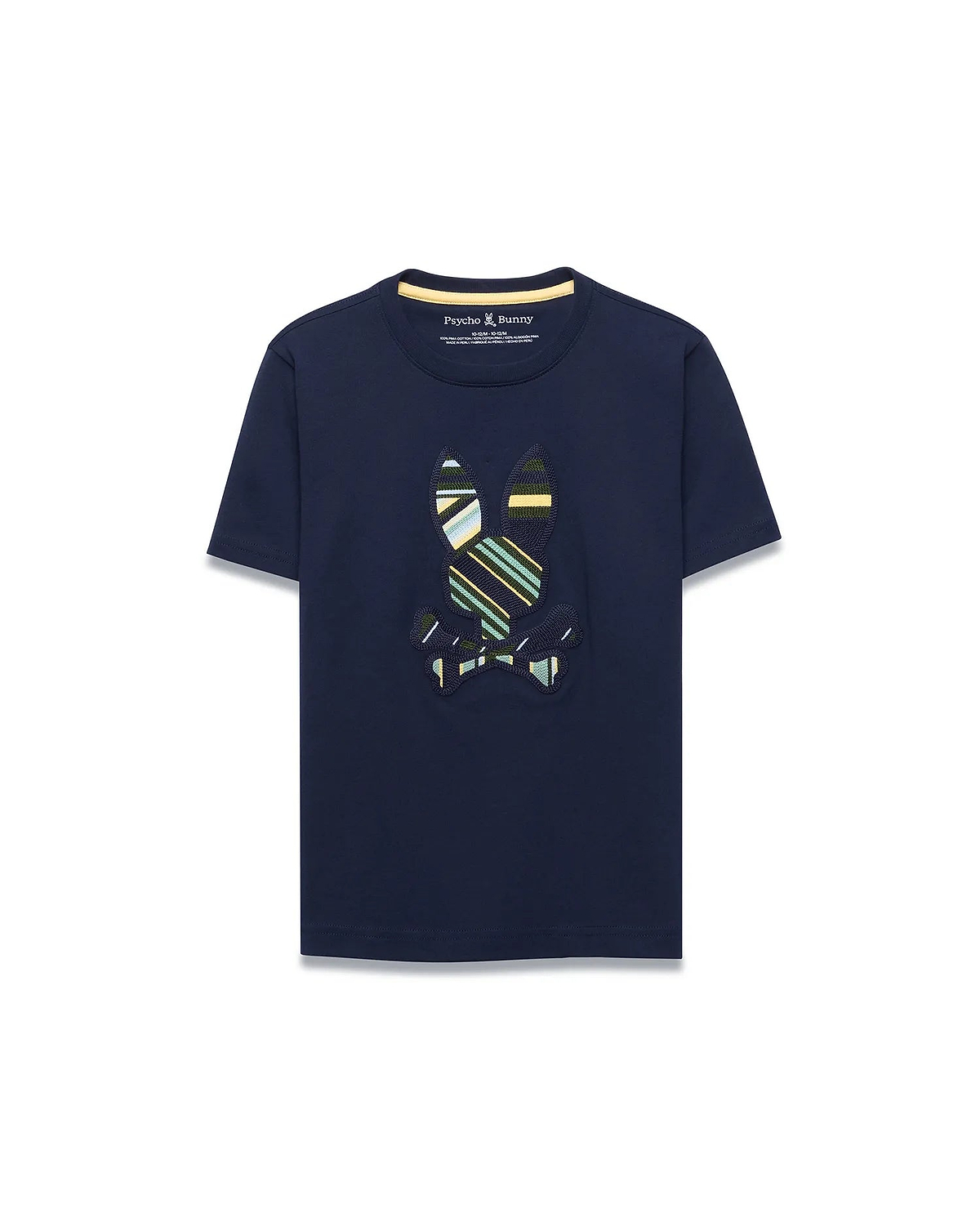 Kids Drew Embroidered Graphic Tee in navy, featuring a classic fit and soft jersey knit. A large, center chest embroidered Psycho Bunny skull logo displays vibrant green, yellow, light blue, and white stripes.