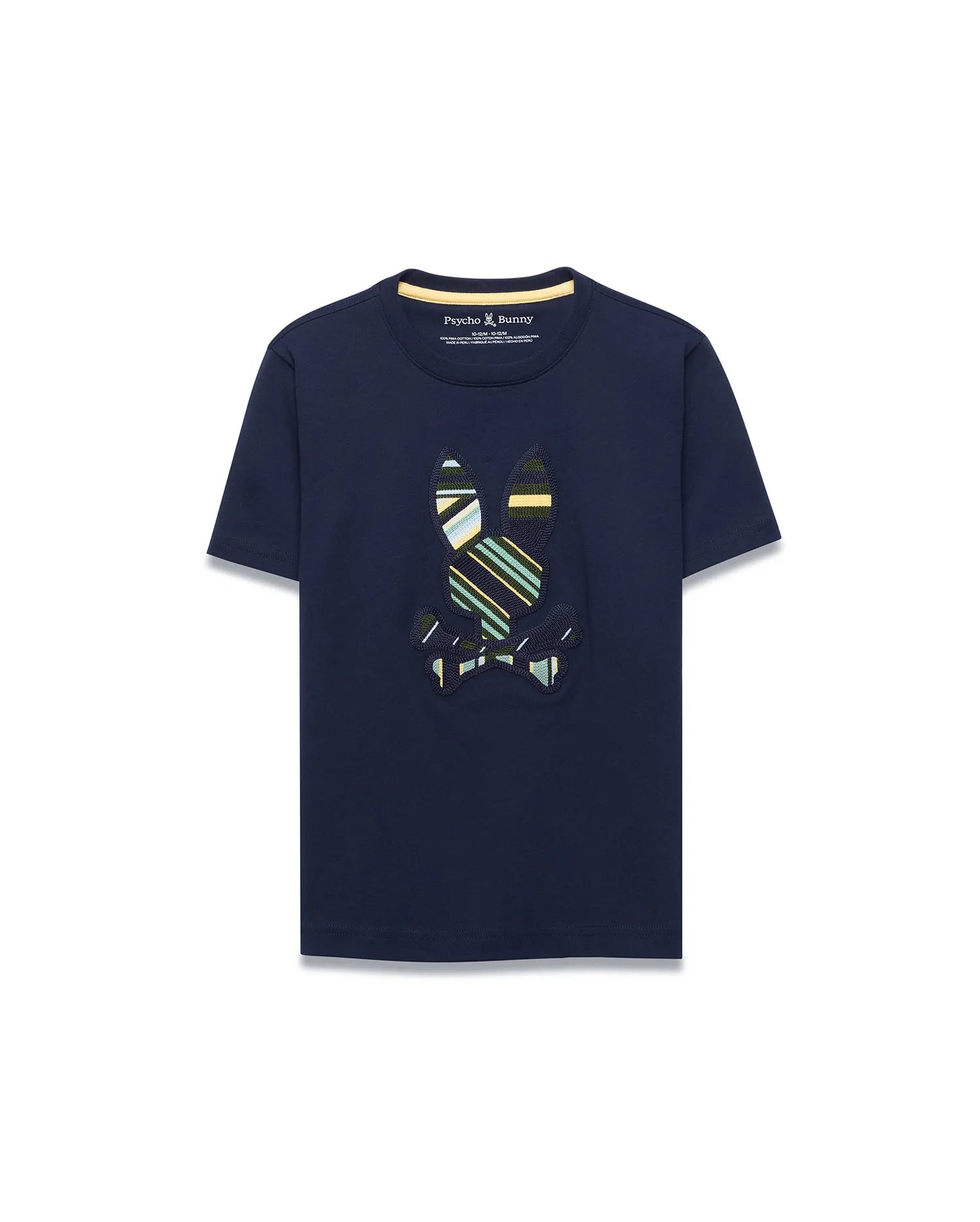 Kids Drew Embroidered Graphic Tee in navy, featuring a classic fit and soft jersey knit. A large, center chest embroidered Psycho Bunny skull logo displays vibrant green, yellow, light blue, and white stripes.