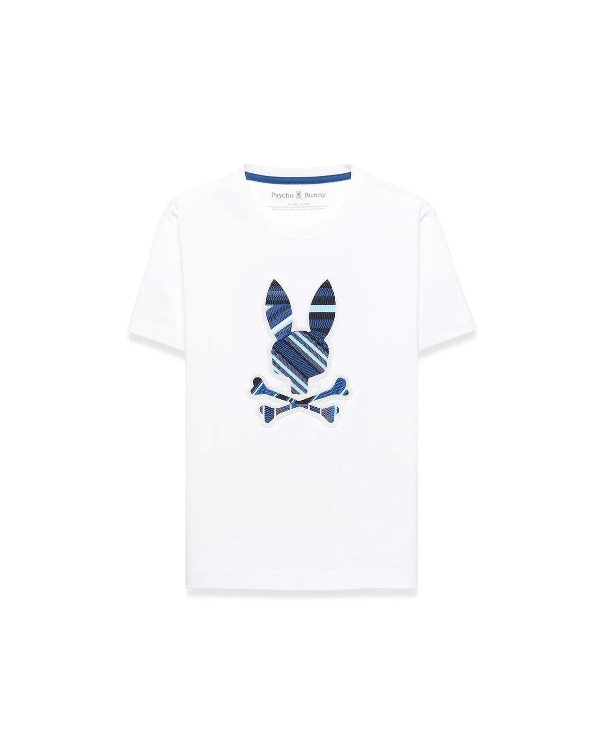 Kids Drew Embroidered Graphic Tee, white classic fit jersey knit with a large central embroidered Psycho Bunny skull logo featuring blue, navy, and light blue stripes.