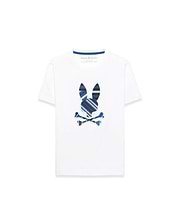 Kids Drew Embroidered Graphic Tee, white classic fit jersey knit with a large central embroidered Psycho Bunny skull logo featuring blue, navy, and light blue stripes.