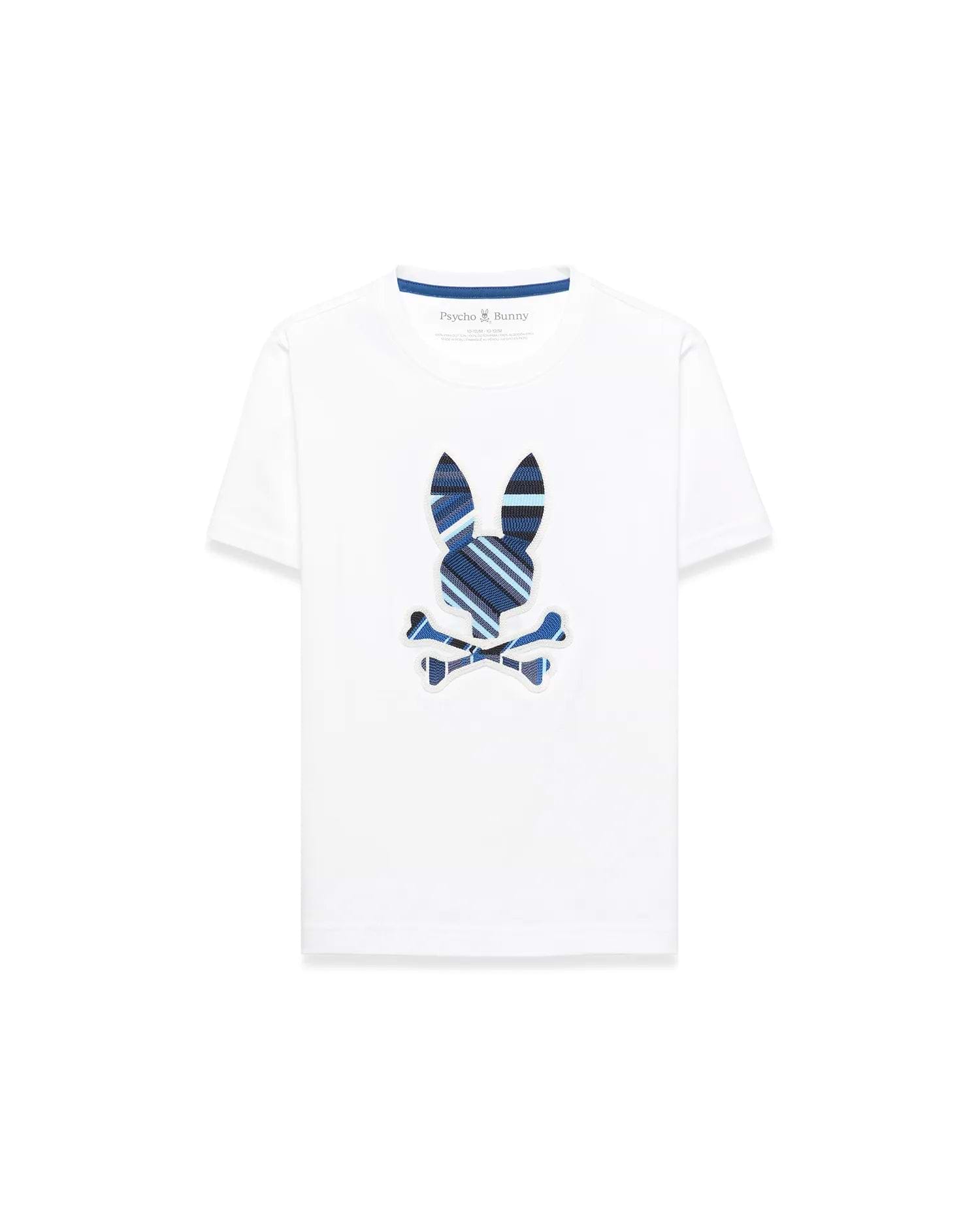 Kids Drew Embroidered Graphic Tee, white classic fit jersey knit with a large central embroidered Psycho Bunny skull logo featuring blue, navy, and light blue stripes.