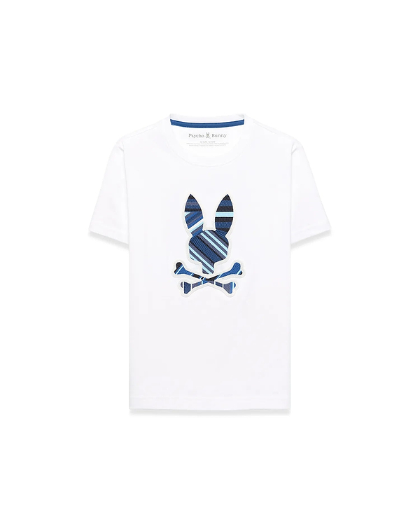 Kids Drew Embroidered Graphic Tee, white classic fit jersey knit with a large central embroidered Psycho Bunny skull logo featuring blue, navy, and light blue stripes.