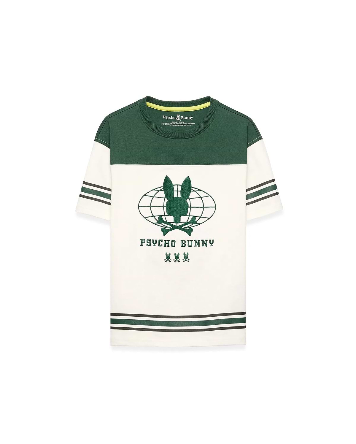 Kids Mike Graphic Jersey Tee in dark green and cream jersey, featuring a classic fit, color-block design, striped sleeves and hem, and a large central Psycho Bunny globe graphic print with skull logos.