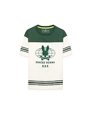Kids Mike Graphic Jersey Tee in dark green and cream jersey, featuring a classic fit, color-block design, striped sleeves and hem, and a large central Psycho Bunny globe graphic print with skull logos.