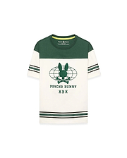 Kids Mike Graphic Jersey Tee in dark green and cream jersey, featuring a classic fit, color-block design, striped sleeves and hem, and a large central Psycho Bunny globe graphic print with skull logos.