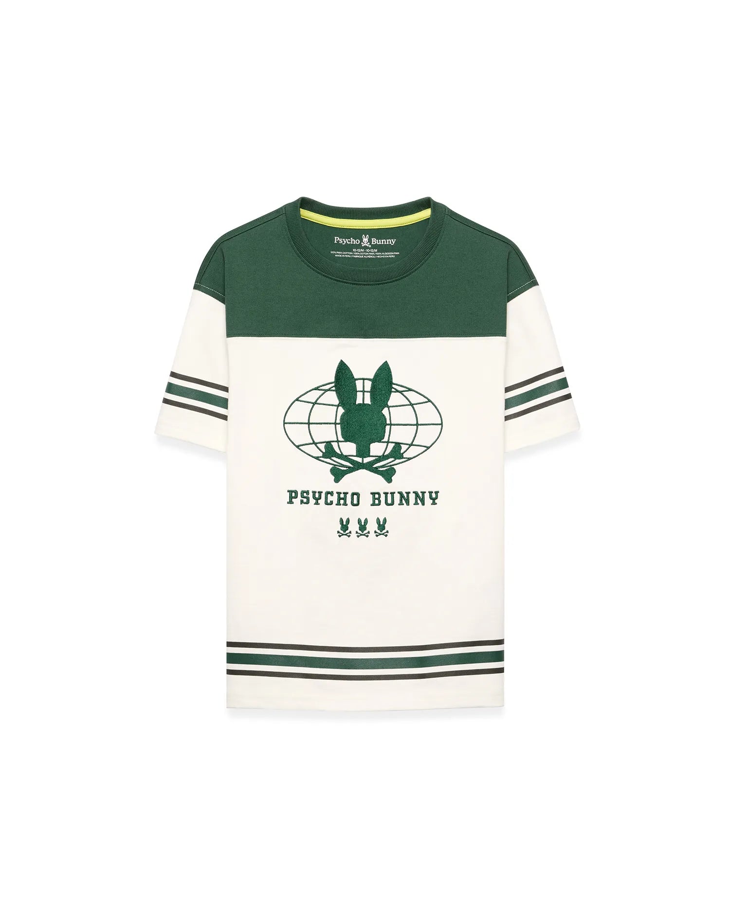 Kids Mike Graphic Jersey Tee in dark green and cream jersey, featuring a classic fit, color-block design, striped sleeves and hem, and a large central Psycho Bunny globe graphic print with skull logos.