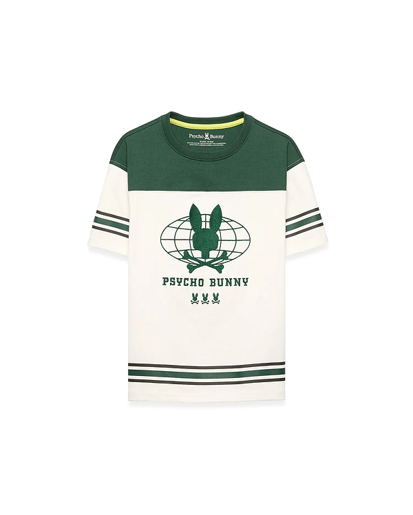 Kids Mike Graphic Jersey Tee in dark green and cream jersey, featuring a classic fit, color-block design, striped sleeves and hem, and a large central Psycho Bunny globe graphic print with skull logos.