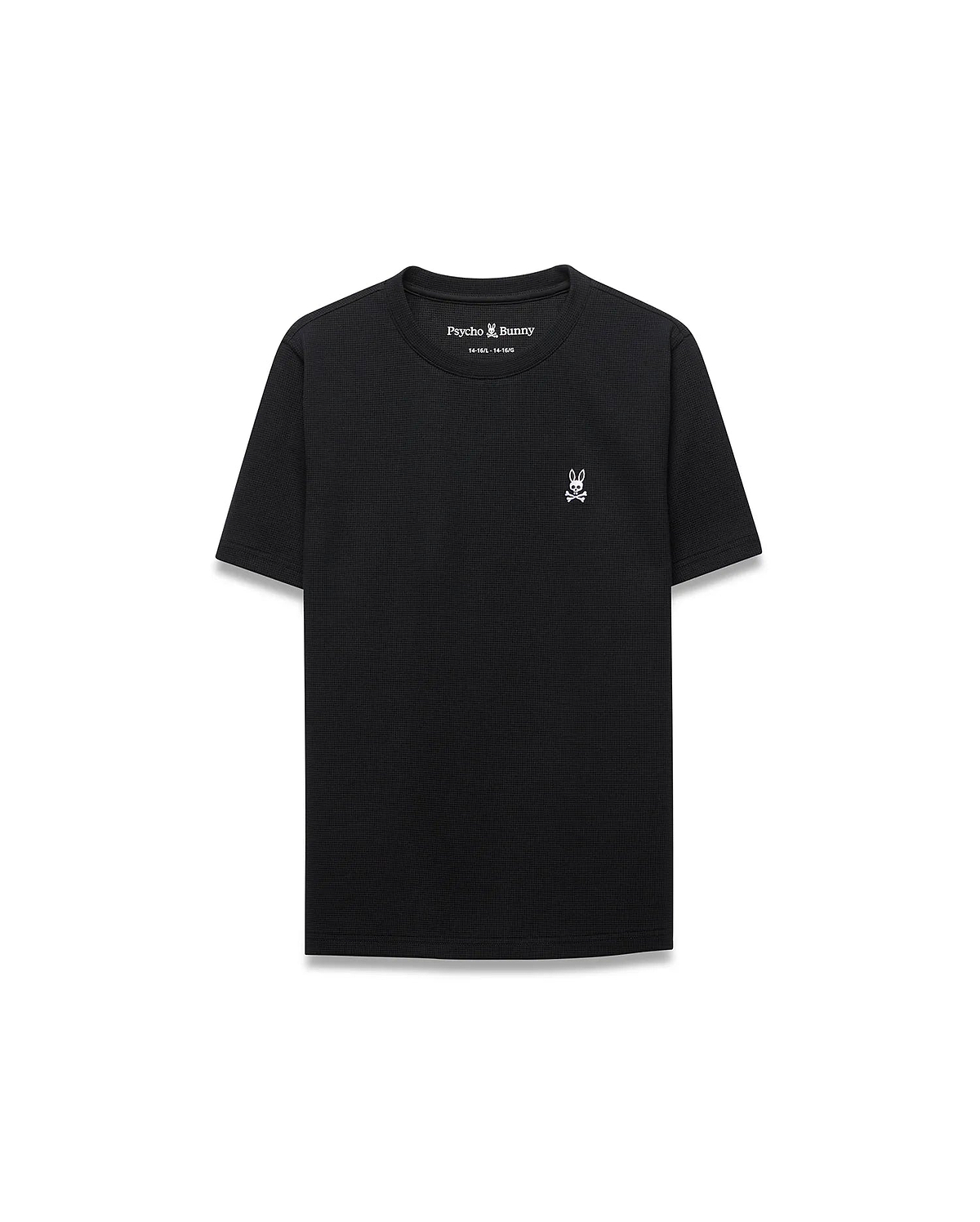 Kids Maxton Waffle Tee, a black classic fit t-shirt featuring a textured waffle knit fabric and a small white embroidered Psycho Bunny skull logo on the left chest.