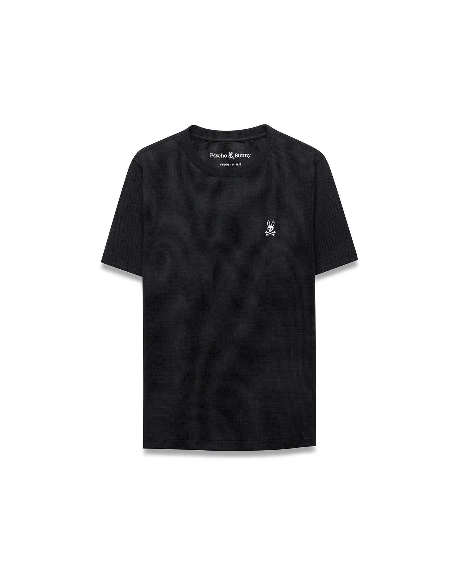 Kids Maxton Waffle Tee, a black classic fit t-shirt featuring a textured waffle knit fabric and a small white embroidered Psycho Bunny skull logo on the left chest.