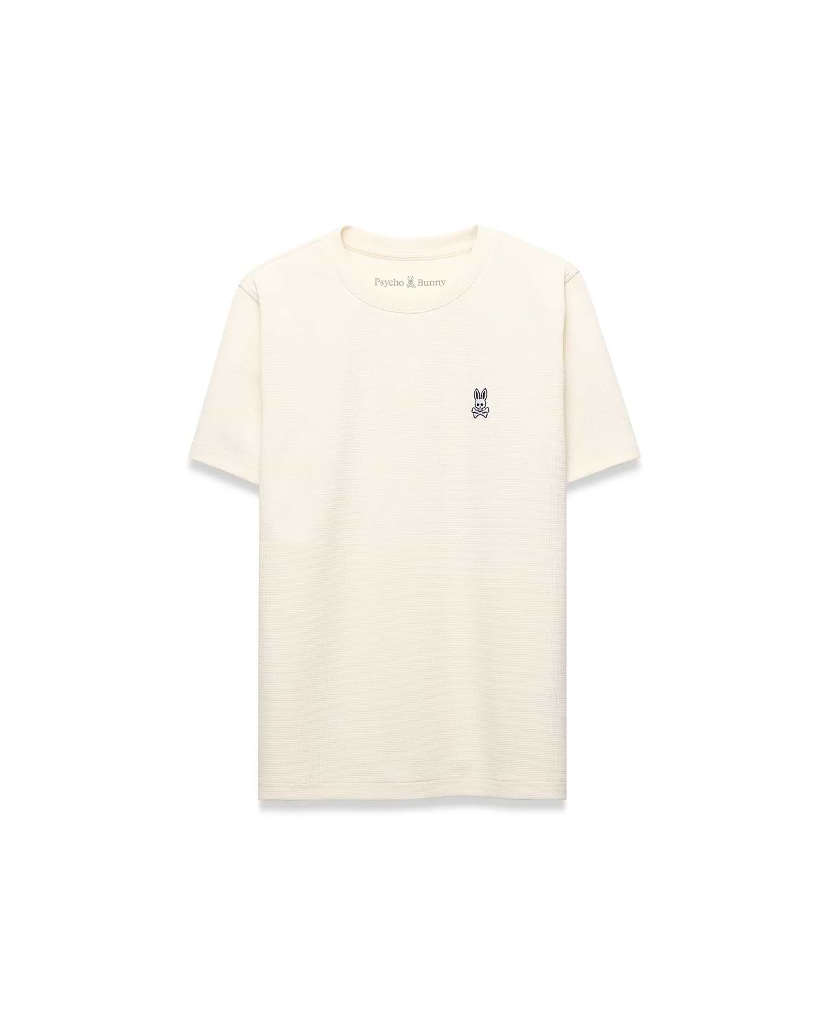 Kids Maxton Waffle Tee in cream, featuring a classic fit, waffle knit texture, and a small embroidered navy Psycho Bunny skull logo on the left chest.
