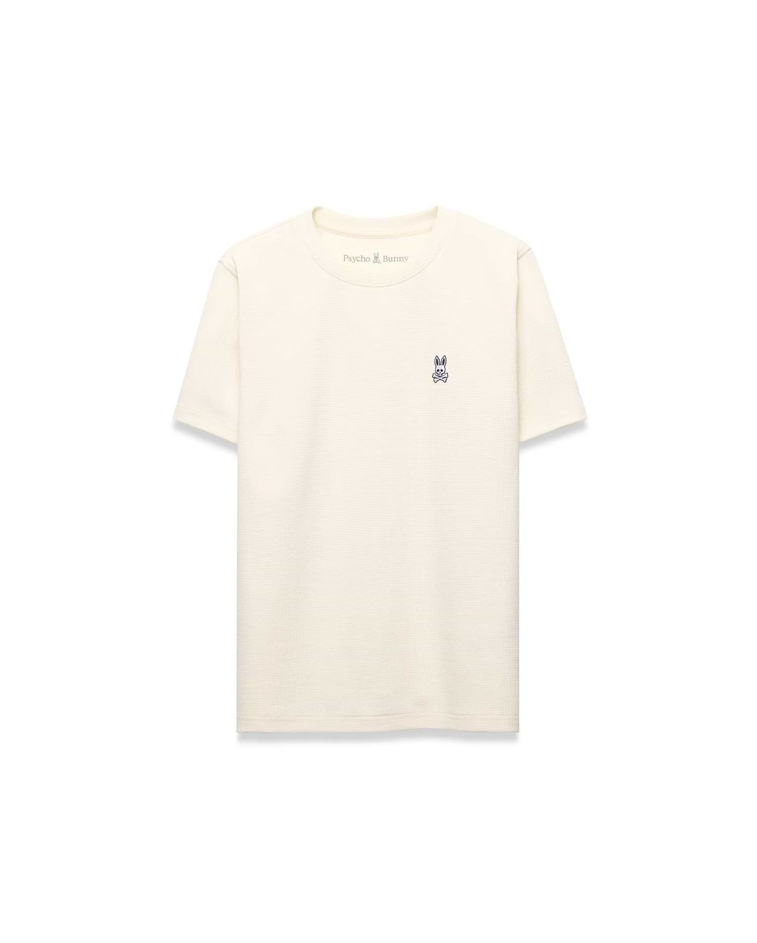 Kids Maxton Waffle Tee in cream, featuring a classic fit, waffle knit texture, and a small embroidered navy Psycho Bunny skull logo on the left chest.