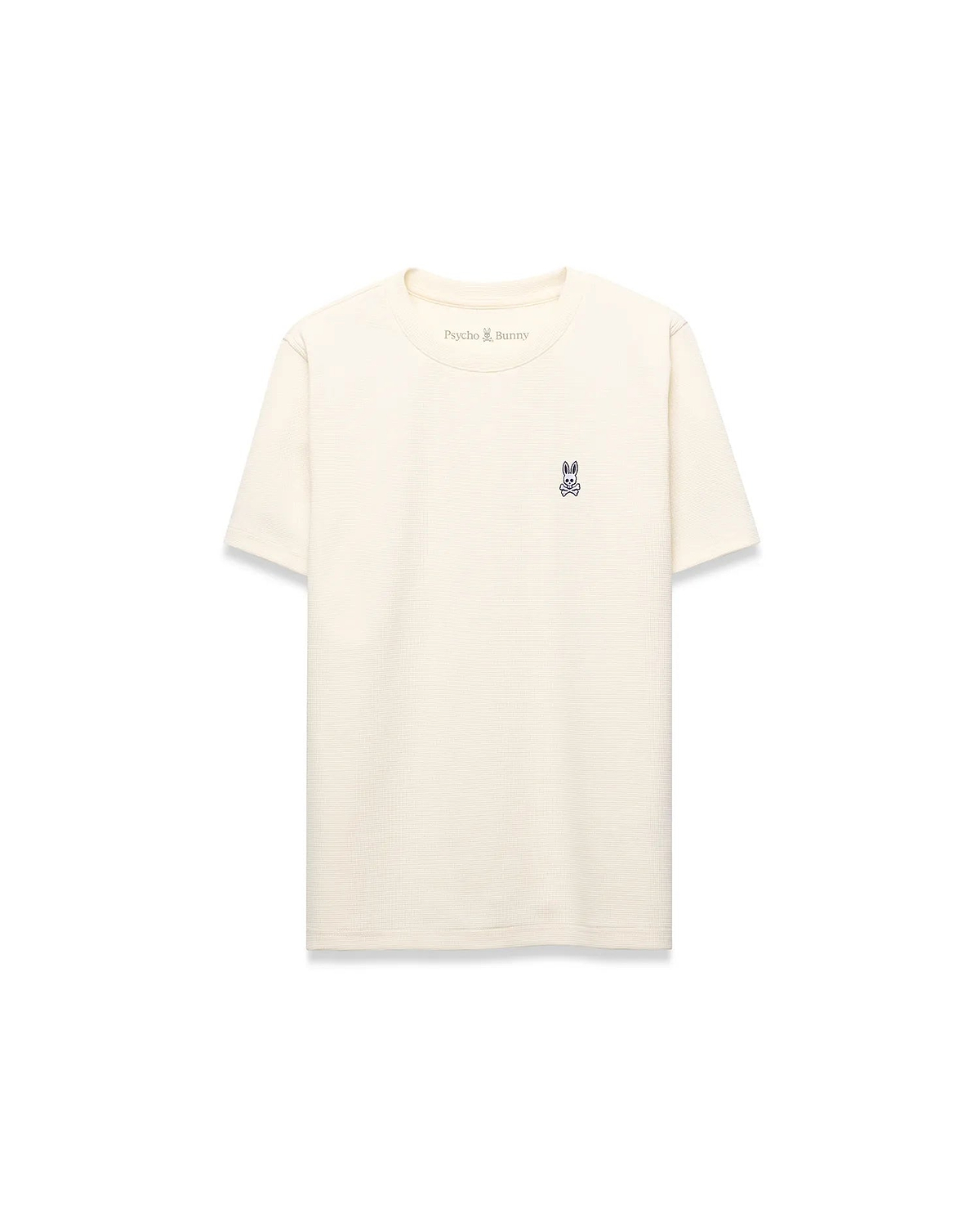 Kids Maxton Waffle Tee in cream, featuring a classic fit, waffle knit texture, and a small embroidered navy Psycho Bunny skull logo on the left chest.