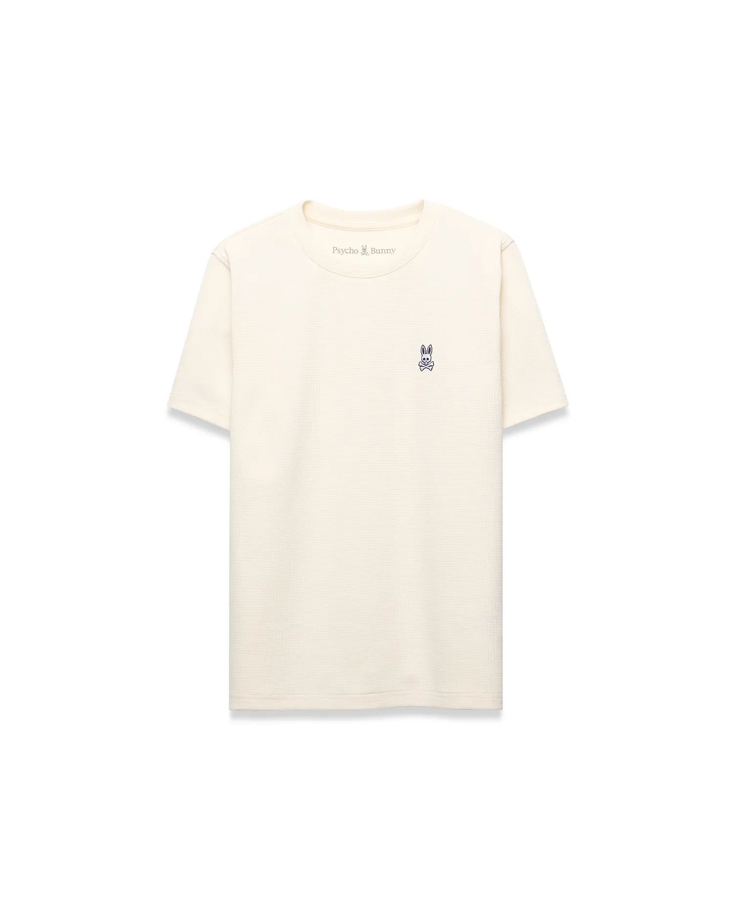 Kids Maxton Waffle Tee in cream, featuring a classic fit, waffle knit texture, and a small embroidered navy Psycho Bunny skull logo on the left chest.