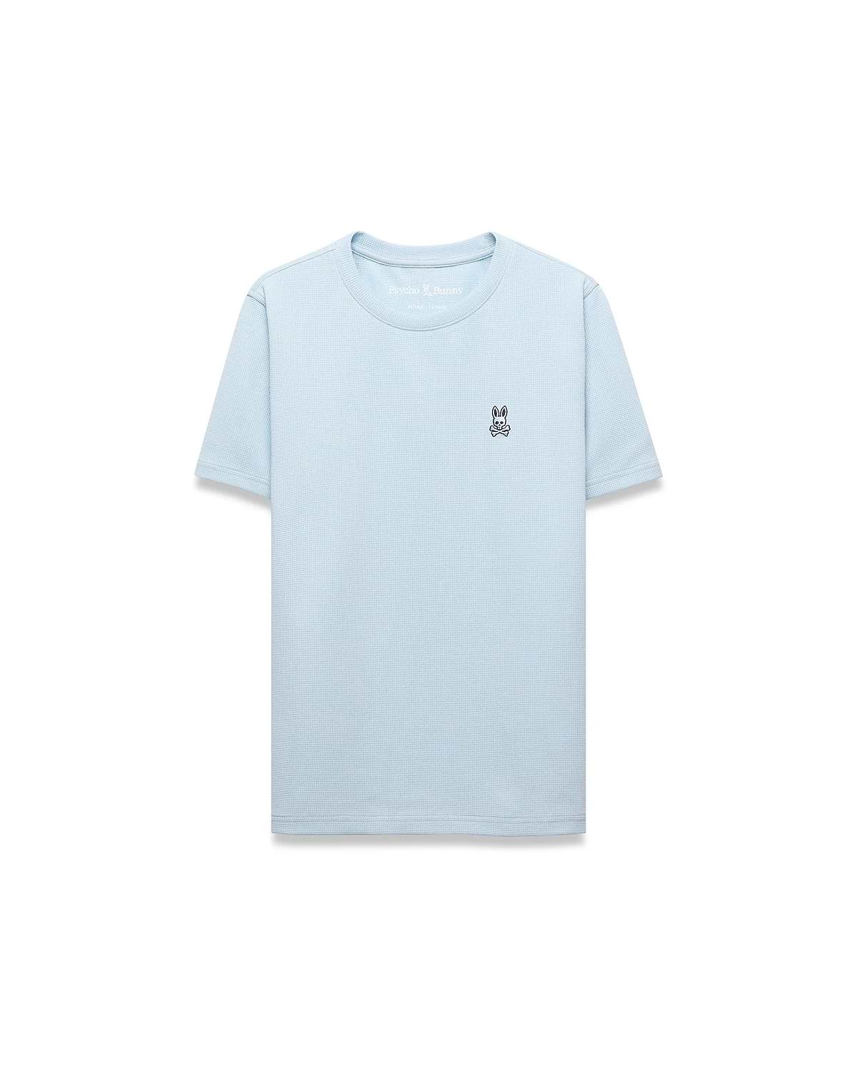 Kids Maxton Waffle Tee, a light blue classic fit t-shirt with a waffle knit texture and a small embroidered Psycho Bunny skull logo on the left chest.