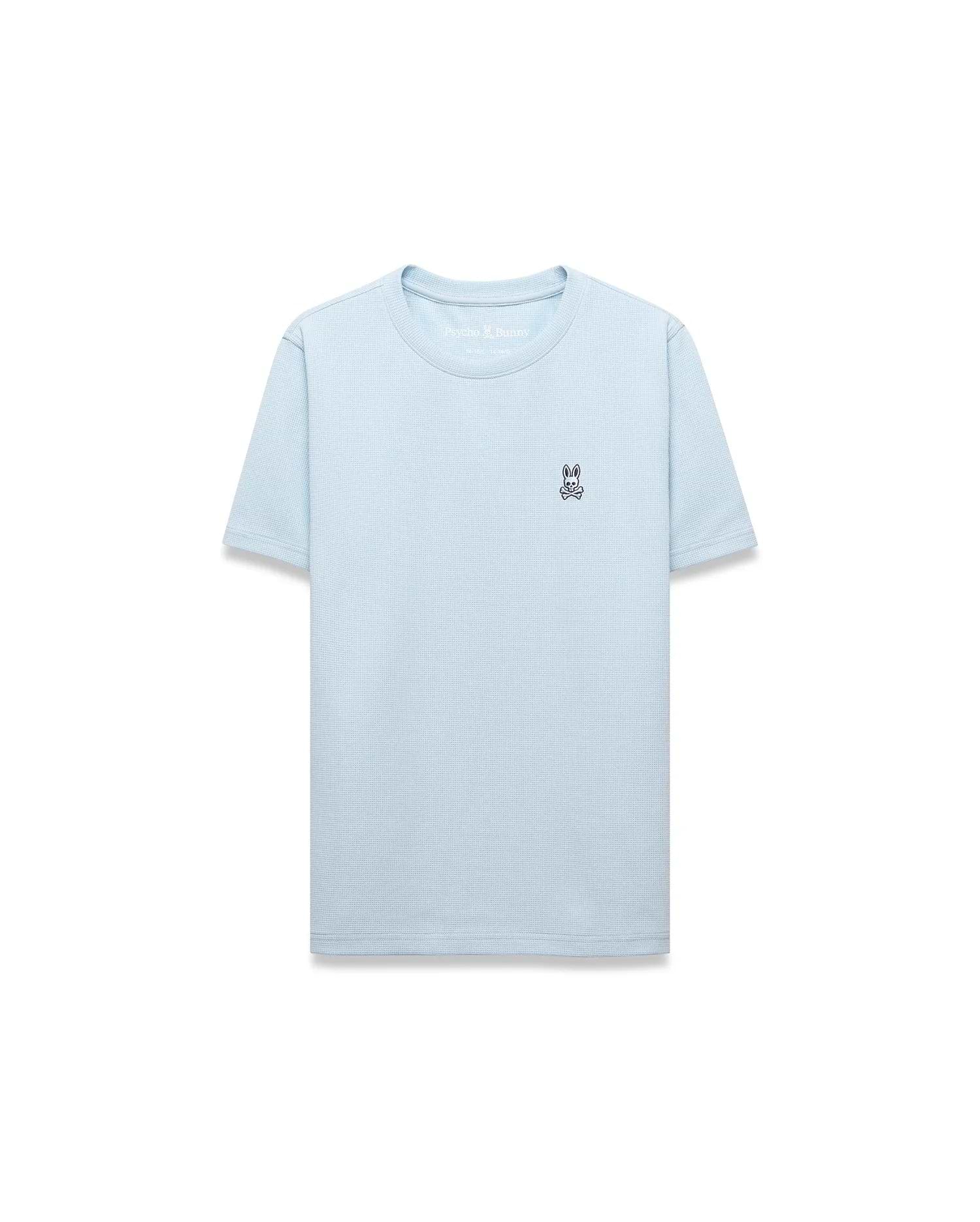 Kids Maxton Waffle Tee, a light blue classic fit t-shirt with a waffle knit texture and a small embroidered Psycho Bunny skull logo on the left chest.